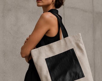 Oversized Tote Bag, Large Cotton Shoulder Bag, Work Tote with Eco Leather Pocket, Laptop Bag, Minimalist Urban Tote, Handmade Gift