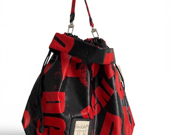 Red Black Bucket Bag, Gothic Drawstring Purse, Alternative Fashion Bag, Grunge Crossbody Bag, Handmade Streetwear Bag