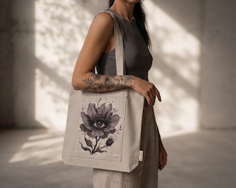 Hand Painted Linen Tote Bag, Floral Eye Art Bag, Handmade Wearable Art Shopper