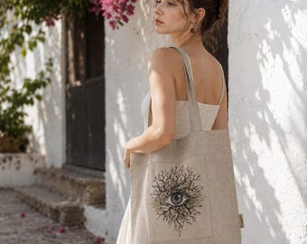 Hand Painted Linen Tote Bag with Eye Artwork, Botanical Eye Bag, Wearable Art, Handmade Shoulder Bag, Gothic Boho Gift