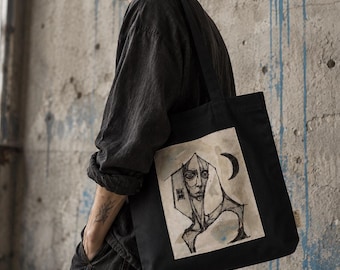 THE DREAMER Hand Painted Tote Bag, Surreal Art Bag, Gothic Black Cotton Tote, Wearable Art Shoulder Bag, Handmade Artist Gift