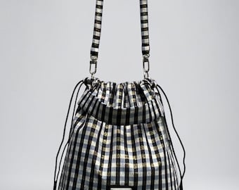 Plaid Drawstring Bag, Soft Goth Crossbody Purse, Japanese Minimalist Bucket Bag, Handmade Indie Shoulder Bag, Y2K Grunge Tote
