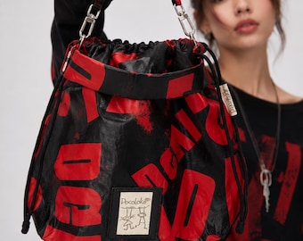 Red Black Bucket Bag, Punk Drawstring Purse, Cyber Y2K Crossbody Bag, Alternative Fashion Tote, Gothic Streetwear Bag