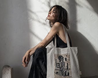 Hand Painted Linen Tote Bag, Zebra Woman Art Bag, Handmade Linen Shopper, Wearable Art Tote, Surreal Canvas Bag, Artist Gift, Slow Fashion