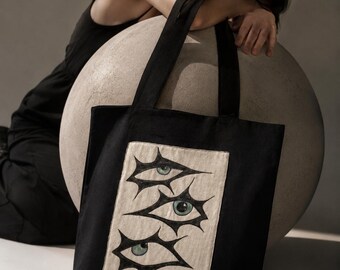 Wearable Art Tote Bag, Hand Painted Eyes Bag, Contemporary Textile Art, Black Cotton Canvas Tote, Artist Made Shoulder Bag