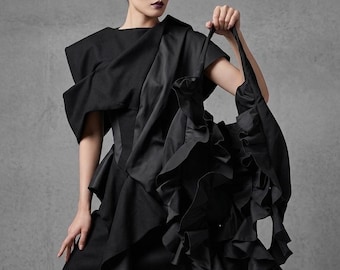 Black Ruffle Shoulder Bag, Large Handmade Tote, Avant-Garde Gothic Bag, Waterproof Designer Bag, Statement Purse, Laptop Bag