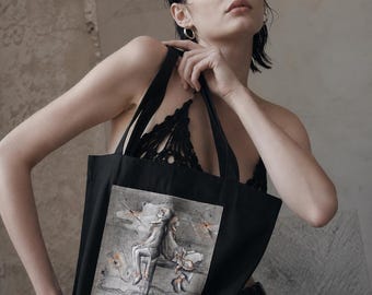 Hand Painted Black Tote Bag, Handmade Cotton Tote, Original Wearable Art Bag, Hand Drawn Shoulder Bag, Unique Gift for Her, Artist Made