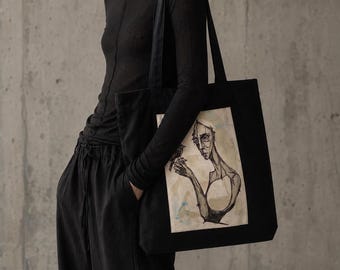 Handmade Gothic Tote Bag, Original Art Raven Bag, Surreal Black Shoulder Bag, Avant Garde Wearable Art Tote, Dark Art Bag