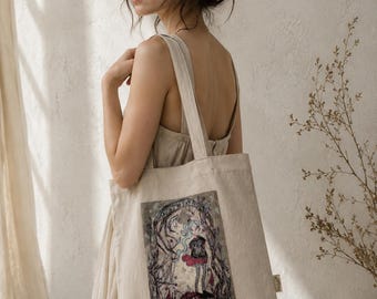 Hand Painted Linen Tote Bag, Wearable Art Canvas Bag, Handmade Artist Shopper, Eco Friendly Gift for Art Lovers