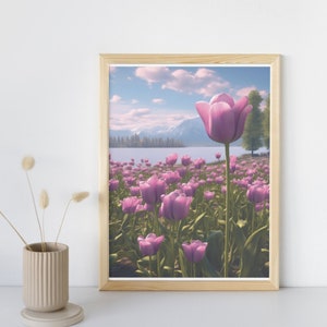 Tulip Field Digital Wall Print, Fond de montagne, Art mural