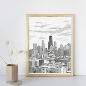 Line Drawing of Chicago Skyline, Wall Print, Digital Art Design, Printable Wall Art, Cityscape