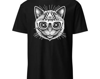 May include: Black t-shirt featuring a white illustration of a cat wearing glasses. The cat's third eye is an all-seeing eye symbol.