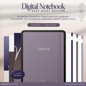 May include: A digital notebook titled Deep Quiet Edition, featuring a 12-section interactive hyperlinked PDF layout. The display shows a portrait orientation in light mode, compatible with GoodNotes, Notability, Noteful, and Xodo, with 6 color themes.