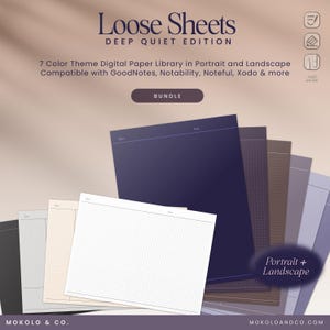 Könnte beinhalten: Digitales Papierpaket mit sieben Farbthemen im Hoch- und Querformat. Das Bild zeigt einen Stapel digitaler Papiere in verschiedenen Farben, darunter Marineblau, Braun und Grau, mit Raster- und Linienmustern. Der Text lautet "Loose Sheets Deep Quiet Edition."