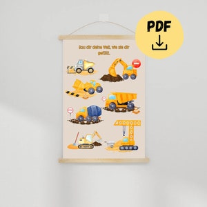 Poster children&#39;s room, wall decoration children&#39;s room, excavator poster
