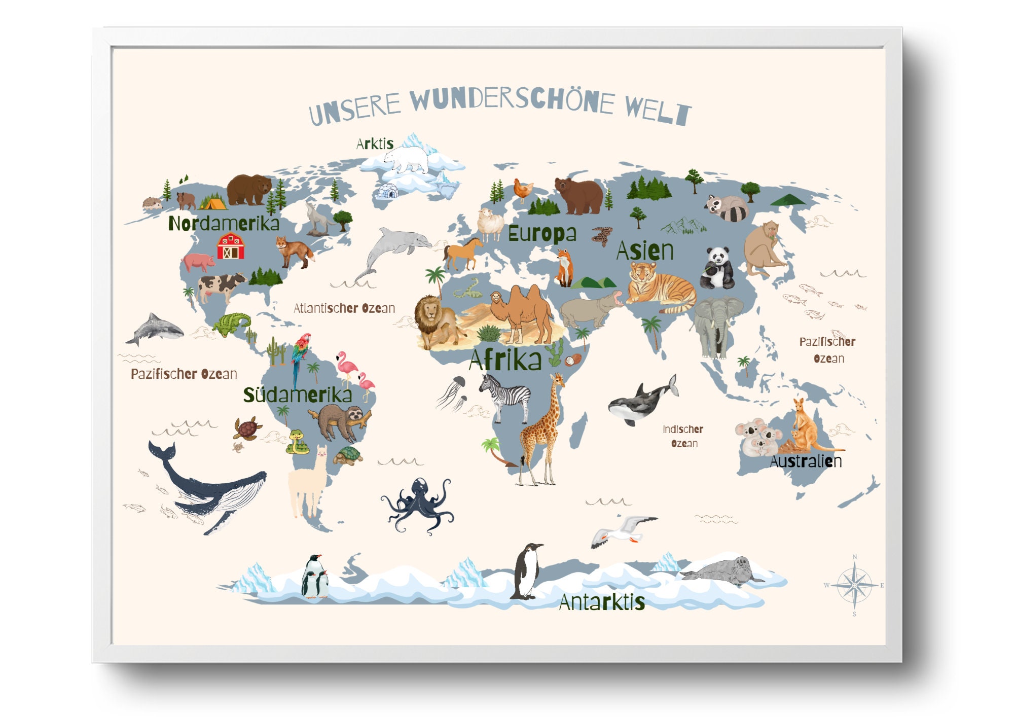 Weltkarte Poster Kinder Weltkarte Für Kinder // Alle Länder Und Kontinente  // Din A1 // Politische Karte // Beige Kinderzimmer Deko, image size:2000x1414