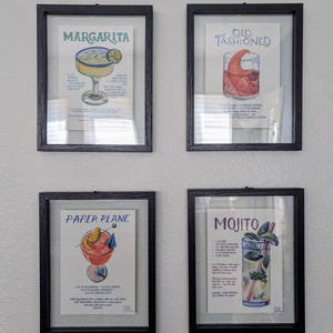Levendige aquarel cocktailkunstprint | 5 x 7 en 8 x 10 | Recept met handgeschreven drankje | Wanddecoratie of bruiloftscocktailmenu