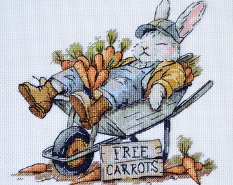 Cross Stitch Kit Free Carrots • Bunny with Wheelbarrow Embroidery • DIY Needlework Set