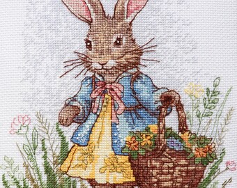 Cross Stitch Kit Spring Bunny • Rabbit with Basket Embroidery • DIY Needlework Set