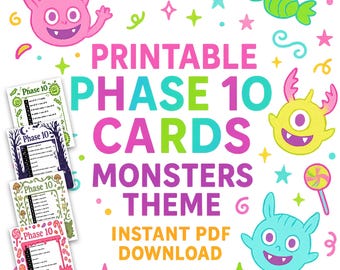 Monster Theme Phase 10 Cards: Printable Game (PDF Download)