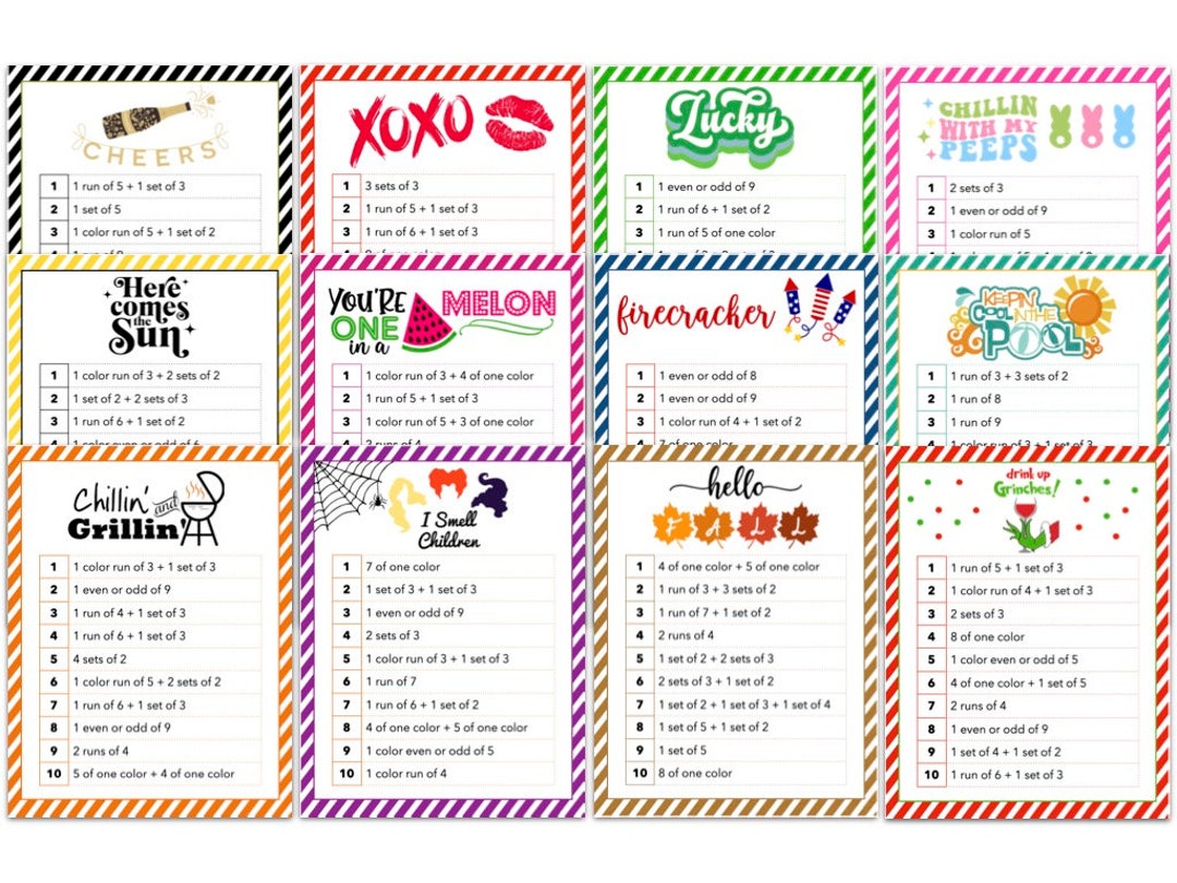 12 Months of Phase 10 Phase Cards Printable PDF January to December Themed Phase 10 Phase