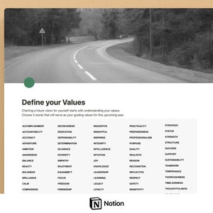 May include: A black and white image of a winding road with trees on either side. The text "Define your Values" is at the top of the image. Below the text is a list of values, such as "accomplishment", "accountability", "accuracy", and "adventure".