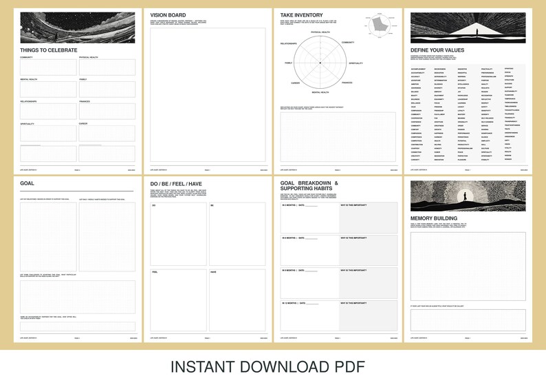 May include: A printable PDF worksheet with a black and white design. The worksheet includes sections for goal setting, vision board, taking inventory, defining values, and memory building.
