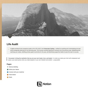 May include: A black and white photo of a mountain range with the text "Life Audit" and a description of a digital workbook and companion guide to the LIFE AUDIT, from Nowscape Catalog. The text also includes a quote about true power.
