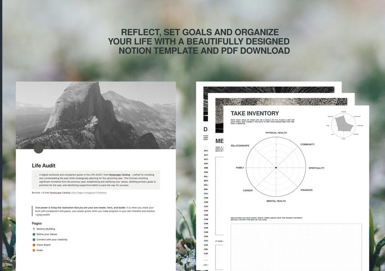 May include: A black and white image of a mountain peak with the text "Life Audit" and a description of a digital workbook and companion guide to help with goal setting and planning. The text "Take Inventory" is on a white page with a black and white radial graph.