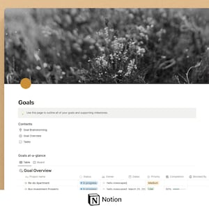 May include: A screenshot of a Notion page titled "Goals" with a list of goals and their progress. The goals include "Re-do Apartment" and "Buy Investment Property".