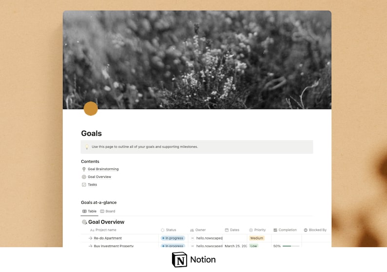 May include: A screenshot of a Notion page titled "Goals" with a list of goals and their progress. The goals include "Re-do Apartment" and "Buy Investment Property".