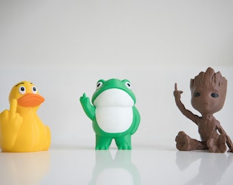 3D Printed Middle Finger Figurine Bundle: Frog, Groot, Duck