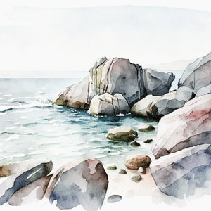 Majestic Maine Coast Beach Painting | Soft Watercolor Art Print, Neutral Vintage Wall Art, Digital Downloadable, PRINTABLE, Bathroom Decor