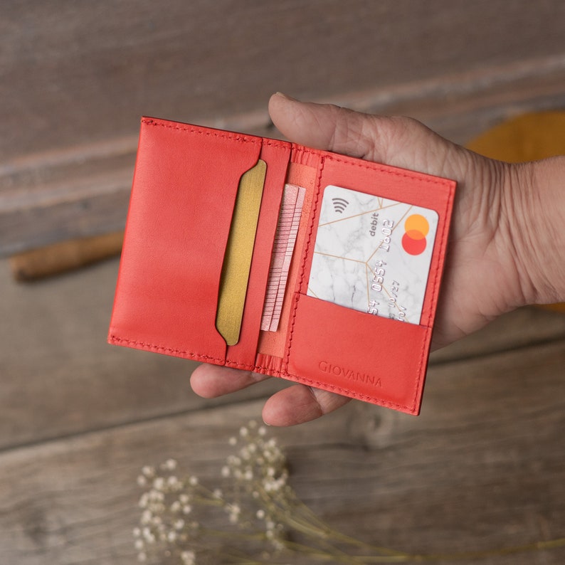 Red Genuine Leather Card Holder, Handmade Crazy Horse Leather Card Wallet, 100% Real Leather HandCrafted Minimalist Design Personalized Slim