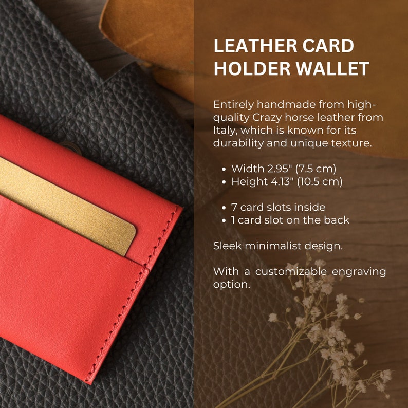 Red Genuine Leather Card Holder, Handmade Crazy Horse Leather Card Wallet, 100% Real Leather HandCrafted Minimalist Design Personalized Slim image 10