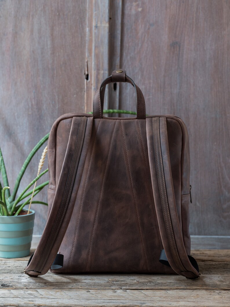 Mens Leather Backpack, Cowhide Laptop Bag, Genuine Leather, College Backpack, Rucksack for Men, Distressed Leather, Vintage Brown Backpack image 2