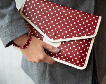 Leather Clutch Bag, Envelope, Genuine Italian leather, Red with white dots, Large size, Custom, Personalized, With wrist strap, Gift for her