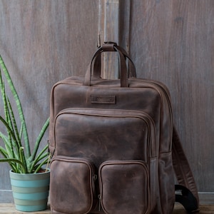Mens Leather Backpack, Cowhide Laptop Bag, Genuine Leather, College Backpack, Rucksack for Men, Distressed Leather, Vintage Brown Backpack image 1