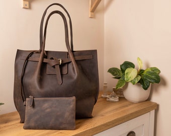 Tote italiano de cuero genuino para mujer, bolso de trabajo estructurado de diseñador independiente con bolso, bolso de hombro grande para todos los días, regalos para esposa