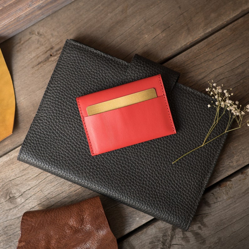 Red Genuine Leather Card Holder, Handmade Crazy Horse Leather Card Wallet, 100% Real Leather HandCrafted Minimalist Design Personalized Slim