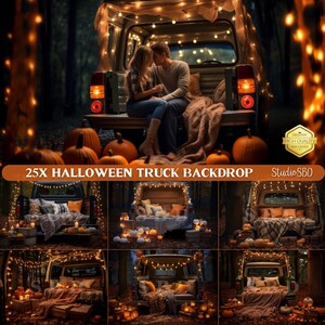 Halloween Truck Digital Backdrop: Fall Pumpkin Forest Photography (PNG)