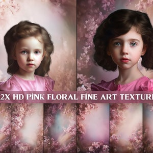 Op de afbeelding: Een digitale illustratie van een jong meisje met lang bruin haar dat een roze jurk draagt. De achtergrond is zacht roze met een bloemenpatroon. De tekst "12X HD PINK FLORAL FINE ART TEXTURE" staat onderaan de afbeelding.