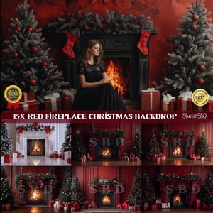 Sfondo natalizio con camino rosso: maternità e fotografia in studio (sovrapposizioni digitali)