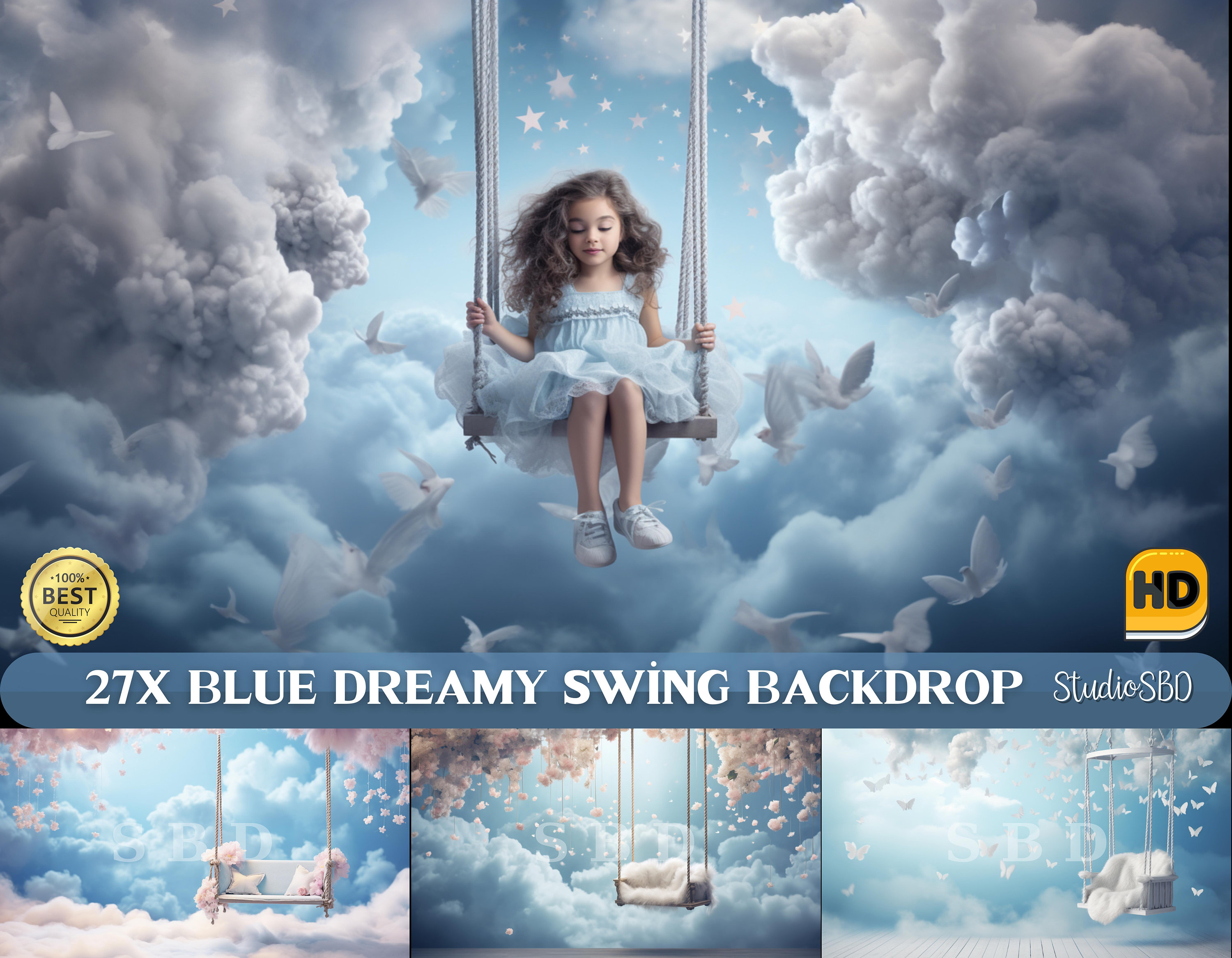 27x HD Blue Dreamy Swing Backdrop, Newborn Floral, Fine Art Textures ...