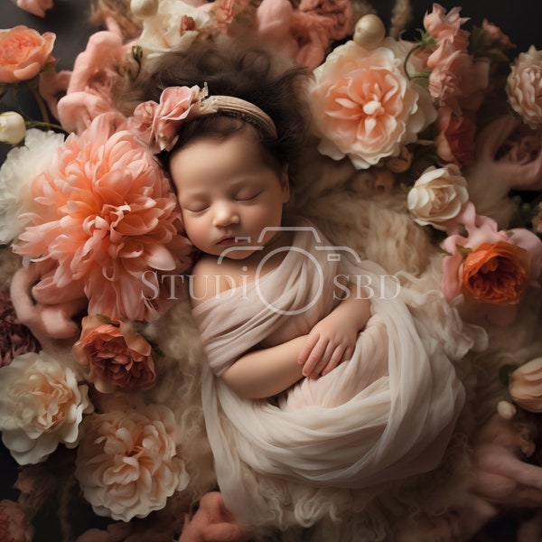 Newborn Floral Backdrop, Newborn Photography Prop, Newborn Digital Background Girl Prop, Wooden Bowl, Newborn Photo Composite Overlay,