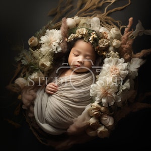 Floral Newborn Digital Backdrop: Wooden Bowl Photo Overlay (PNG/JPG)