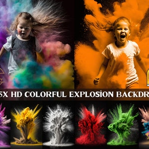 Pode incluir: 45 fundos de explosão coloridos em alta definição. Os fundos apresentam uma variedade de cores, incluindo roxo, amarelo, branco, vermelho, verde e azul. Os fundos são perfeitos para fotógrafos e videógrafos que desejam criar imagens únicas e atraentes.