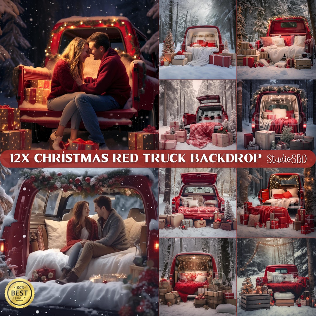 12x HD Christmas Red Truck Backdrop, Cozy Christmas Digital Backgrounds