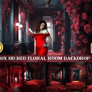 Red Floral Room Photography Backdrop: HD Fine Art Texture (Digital Download)