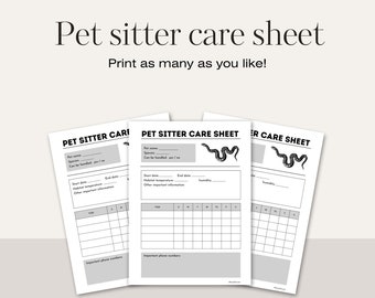 Snake pet sitter care sheet, digital download, reptile tracker, US letter size, Sunday start